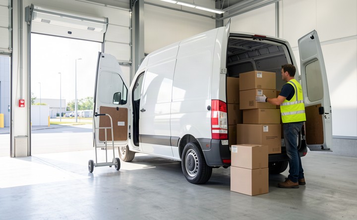 Worker loading boxes into a white van at a warehouse loading bay