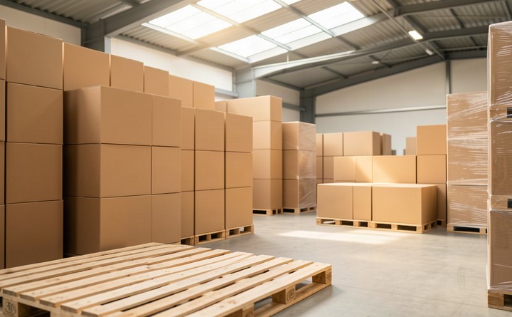 Pallets of plain boxed stock in a bright UK wholesale warehouse