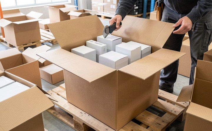 Warehouse worker opening a plain cardboard box on a wooden pallet