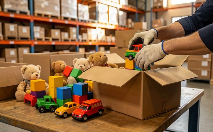 Open boxes of unbranded toys on a warehouse workbench being packed by a worker
